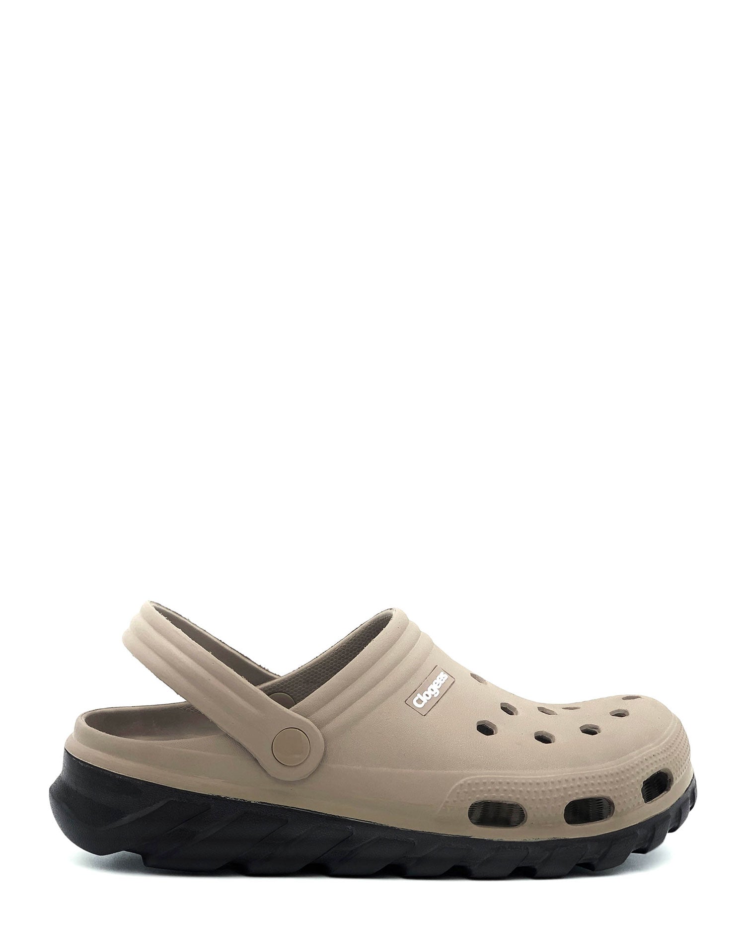 Beige clog shoe with black sole on a white background