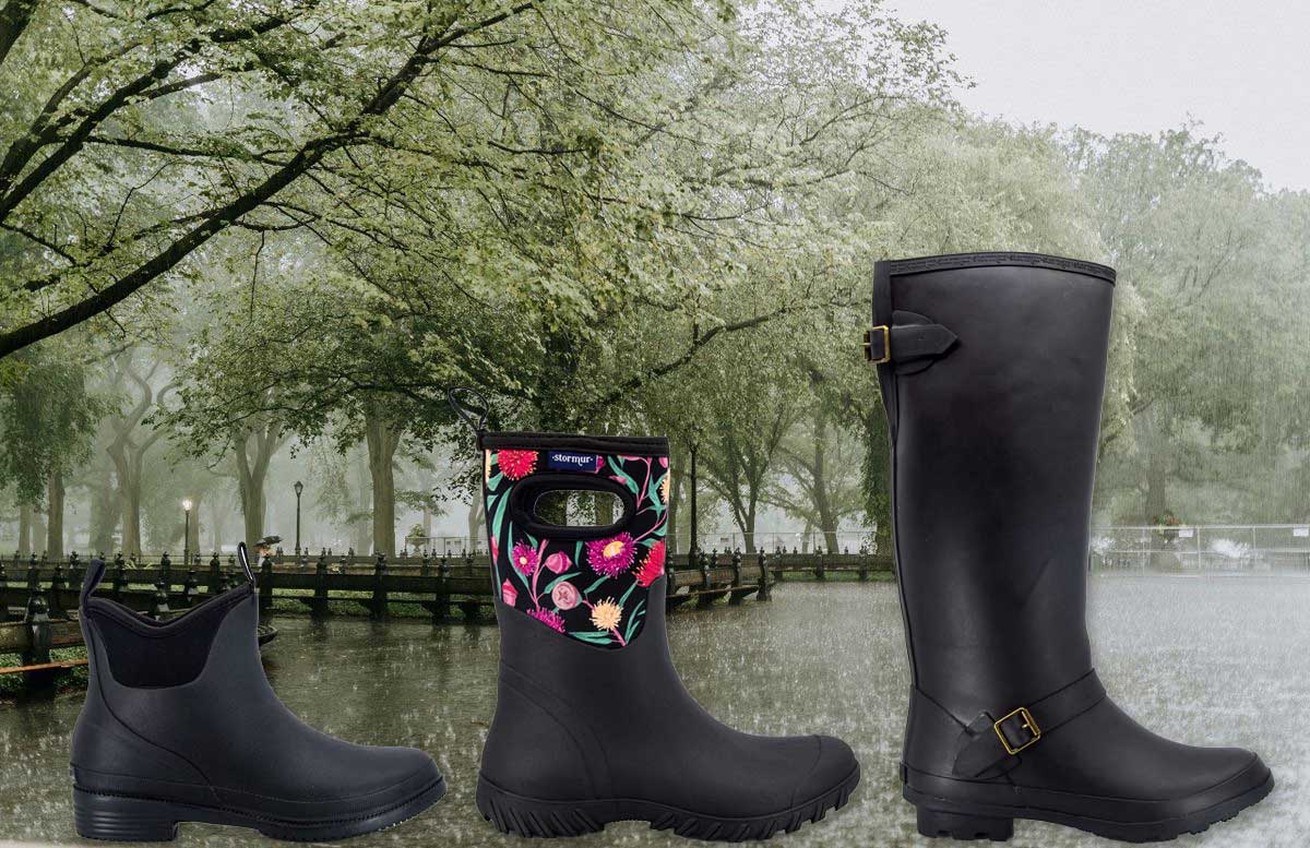 Best Womens Wellies for Rainy Days 3 pairs on rain backdrop