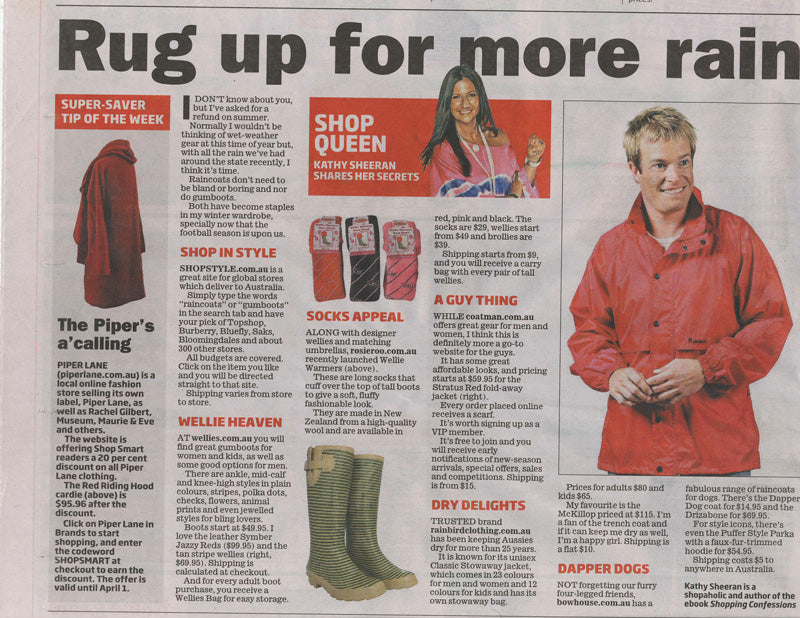 The Sunday Age Melbourne Inside Out January 24th 2010 featured Wellies Online gumboots in their Savvy Shoppers section. By Joanne Brookfield.