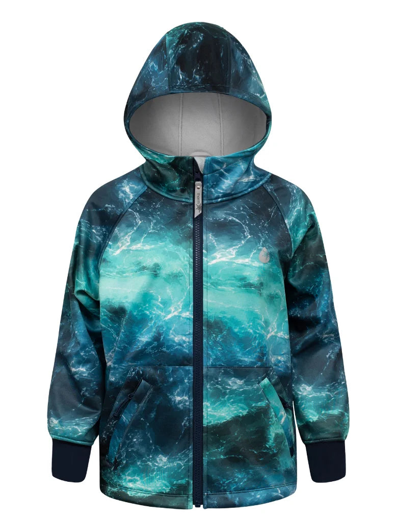 A hooded zip-up jacket featuring an all-over ocean wave pattern in shades of teal, blue, and dark navy, with a gray hood lining and dark cuffs.