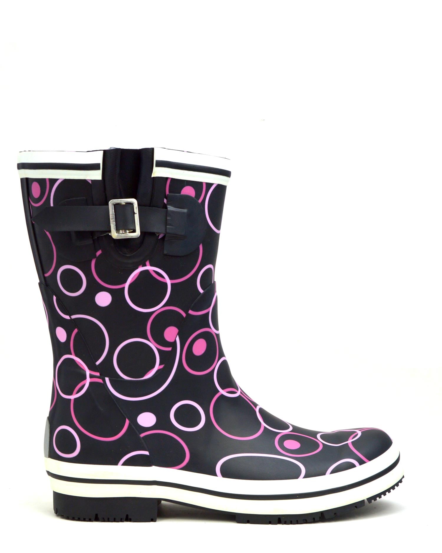 Pink Circles Mid Black Gumboots