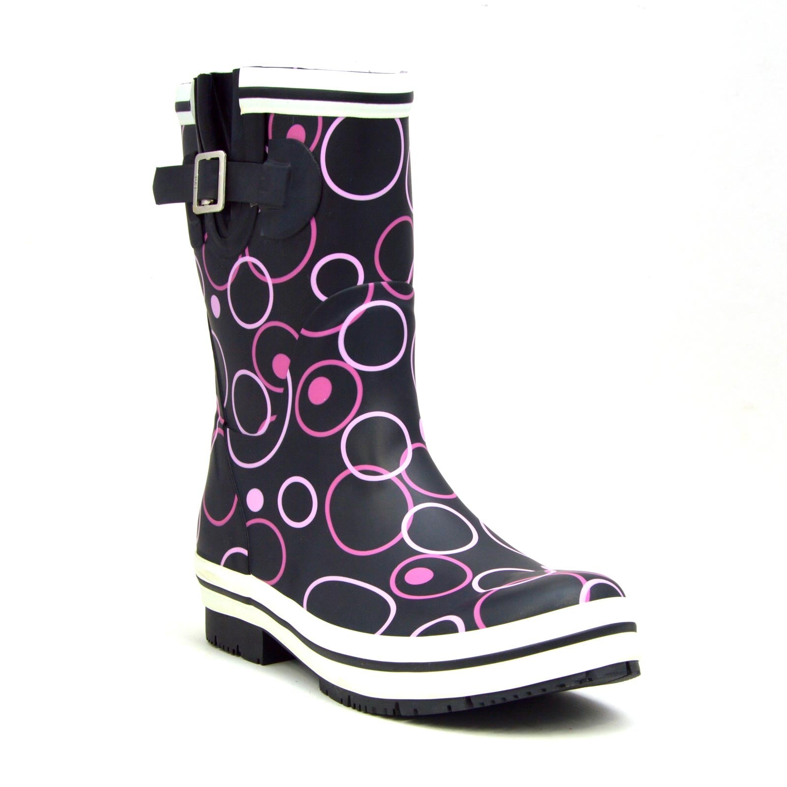 Pink Circles Mid Black Gumboots 6 | Wellies Online