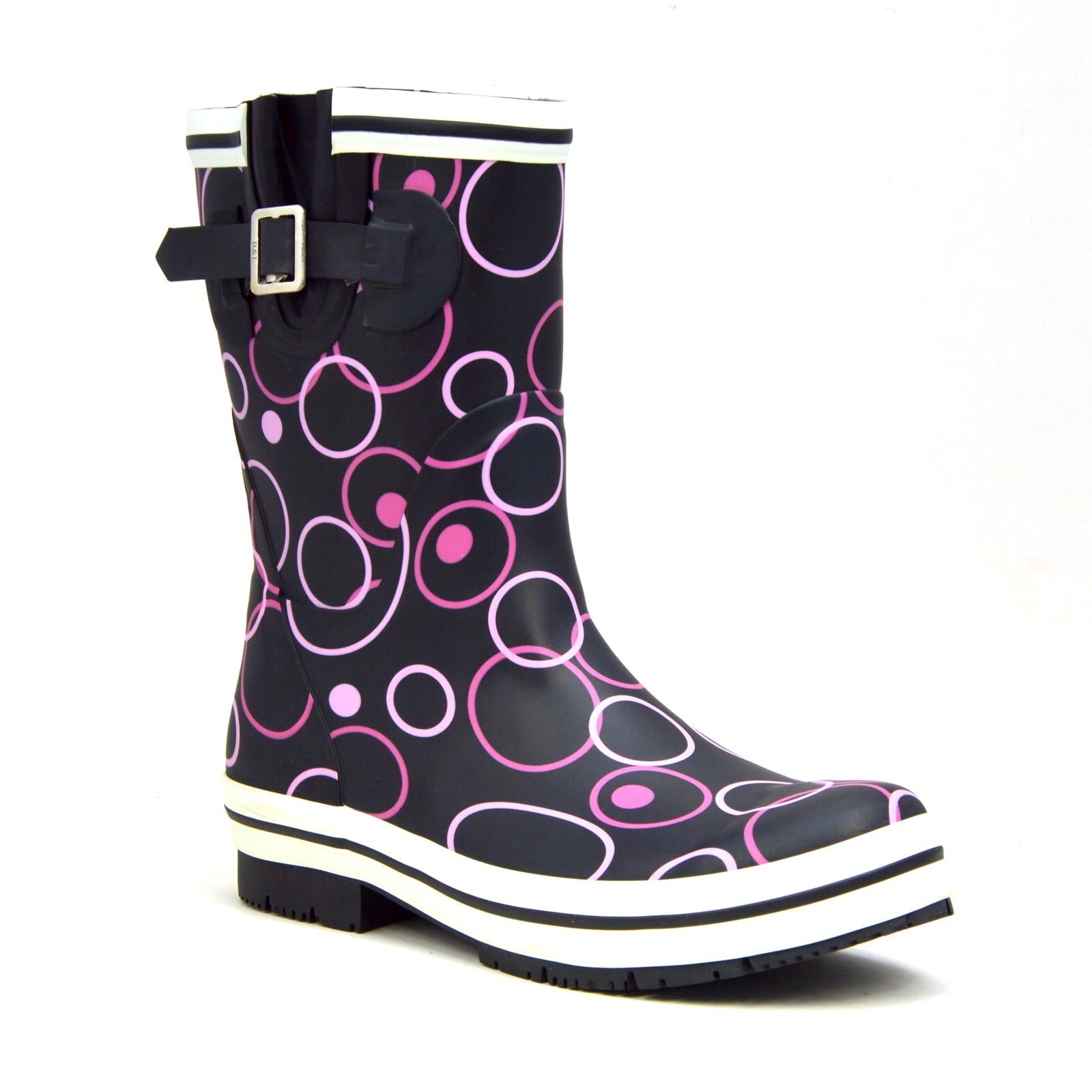 Pink Circles Mid Black Gumboots 5 | Wellies Online