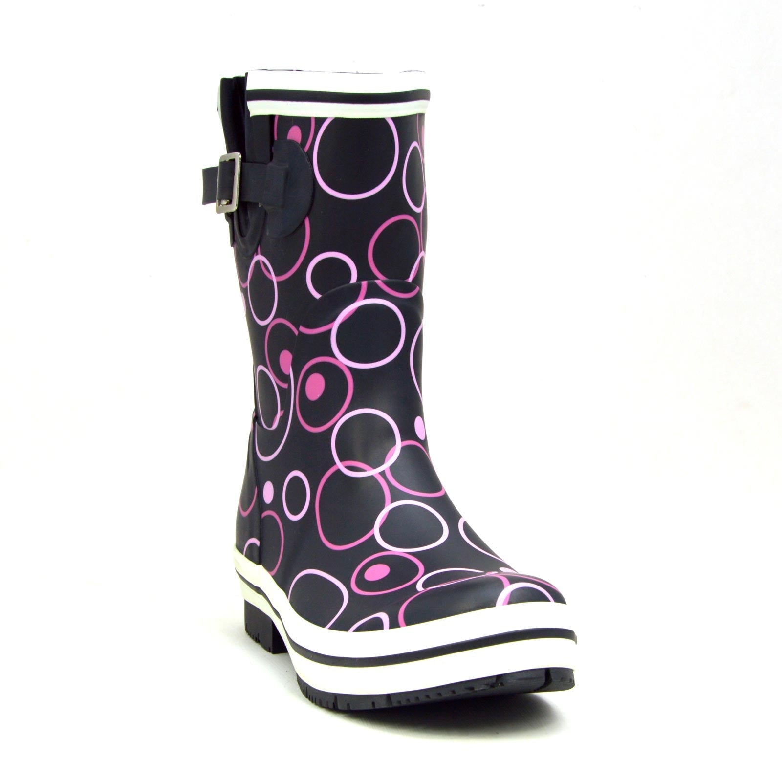 Pink Circles Mid Black Gumboots 7 | Wellies Online