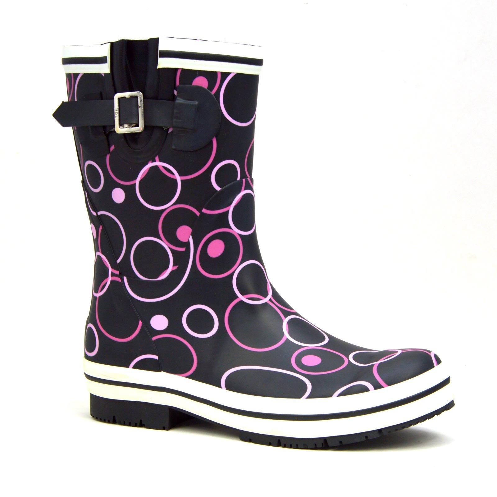 Pink Circles Mid Black Gumboots 4 | Wellies Online